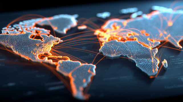 World map with connected routes and arcs, demonstrating global network infrastructure and the concept of international data exchange and seamless connectivity.
