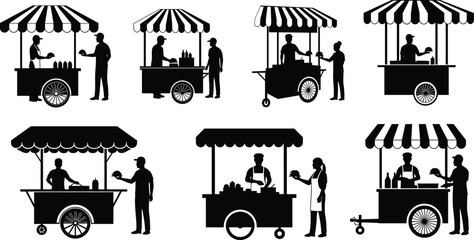 Black silhouettes of people buying food from mobile street carts food cart street food © Riyaj Vector Valley
