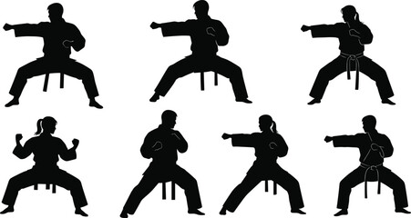 Black silhouettes of men and women practicing martial arts karate poses white © Riyaj Vector Valley