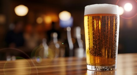 A tall glass of golden beer with a frothy white head sits on a wooden bar counter, with blurred bottles and lights in the background