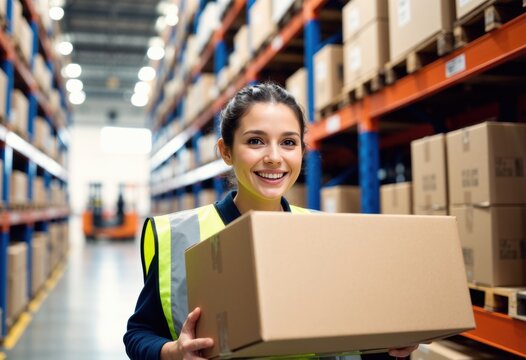 Woman with carton at warehouse smiles while carrying box