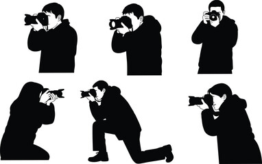 Six black silhouette figures holding and using cameras in various poses photographer photography