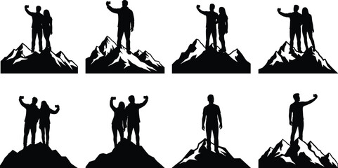 Silhouettes of people taking selfies on mountain peaks in black and white summit