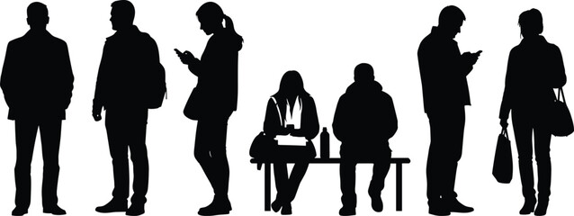 Black silhouettes of people standing and sitting using phones and carrying bags woman