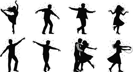 Black silhouettes of people dancing in rain or confetti celebration