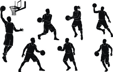 Black silhouette basketball players in various action poses with hoop white background
