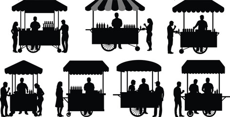 Silhouettes of people at food carts and stalls with awnings vendor customer