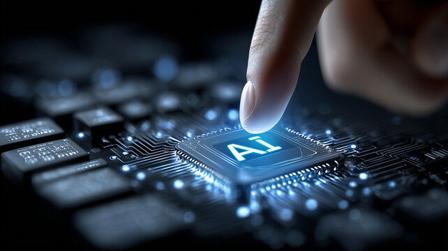 A human finger powering an AI processor on the board to represent human in the loop control and the concept of accelerated intelligent computing at the edge.
