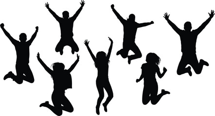 Seven black silhouettes of people jumping with arms raised against a white background vector
