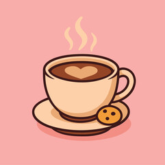 Cartoon coffee cup with heart and cookie illustration vector graphic design art