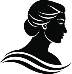 Black silhouette profile of a woman with elegant hairstyle and flowing lines head face