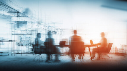 Blurred silhouettes around a table in a modern workspace representing a collaborative meeting, conveying strategic planning, innovation and collective decision making for complex projects.
