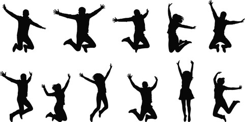 Ten black silhouettes of people jumping in the air with arms outstretched white background