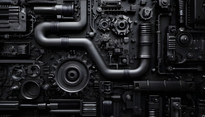 dark industrial 3D render:vehicle parts pattern withcar gears and pipes
