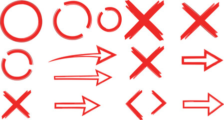 Red hand drawn circles crosses and arrows on white background vector