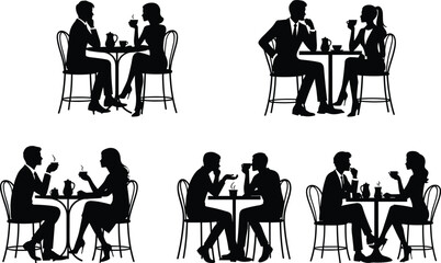 Silhouettes of couples and individuals enjoying coffee at tables woman