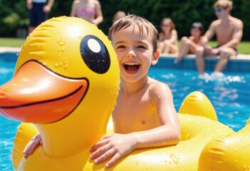 Child enjoys a sunny pool ride on a bright yellow duck float
