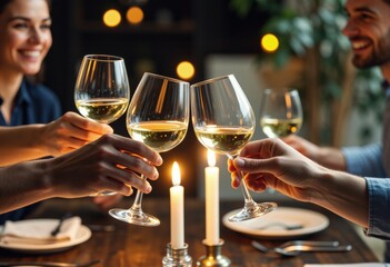 Toasting friends raise wine glasses at a candlelit dinner