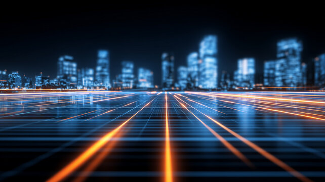 A city skyline with fast light trails across a gridded surface conveys smart city mobility and digital economy flow, representing urban connectivity and modern infrastructure.
