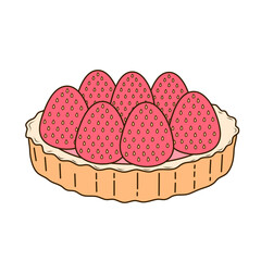 Shortcrust pastry tartlet with whipped cream, decorated with strawberries. Vector illustration in flat, cartoon style. Tasty and sweet tartlet with raspberries, isolated on white background