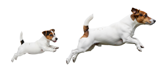 A playful adult Jack Russell and its puppy leap joyfully into the air, showcasing their energy and excitement. Their bond is evident in this lively moment captured in isolation.
