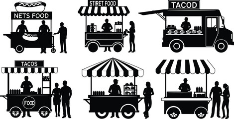 Six black silhouette food stalls and trucks with people buying food cart food truck © Riyaj Vector Valley