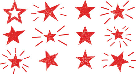 A vibrant set of red stars in a vector illustration isolated on white is a perfect symbol or icon for Christmas decoration and rating design