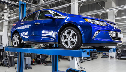 Electric car on hydraulic lift in modern auto repair workshop