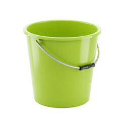 Bright green plastic bucket with metal handle isolated on transparent background