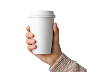 A hand holds a blank white coffee cup