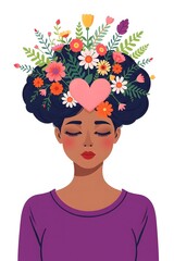 Peaceful woman with floral blooming crown representing self care healing and emotional growth