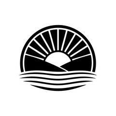 Illustration of sun rising over hills water silhouette