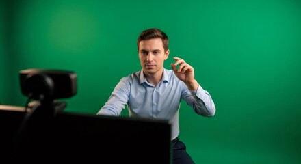 Young man gestures with hand while looking at webcam. Male presenter using chromakey. Digital content creation for broadcasting.