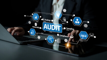 A modern representation of the audit process showcasing key elements such as compliance and findings on a digital tablet, highlighting efficiency and professionalism in business operations. Tessel