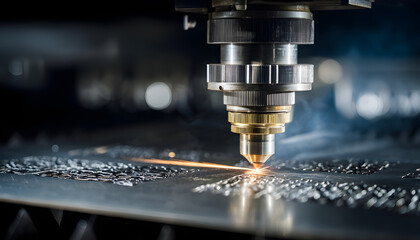 Closeup of a laser head positioned over a metal plate emitting a focused beam that creates a series of intricate patterns across the surface highlighting the advanced technology used