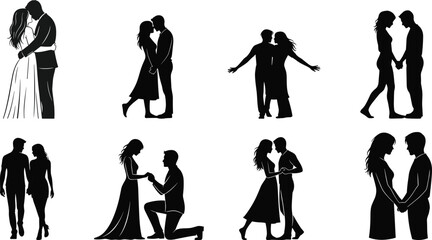 Black vector silhouettes of people: women, men, and fashion models walking and shopping with bags