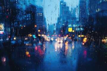 Fototapeta premium A blurred cityscape view through a rainy window at night, showcasing colorful bokeh lights and the atmospheric beauty of a wet urban scene.