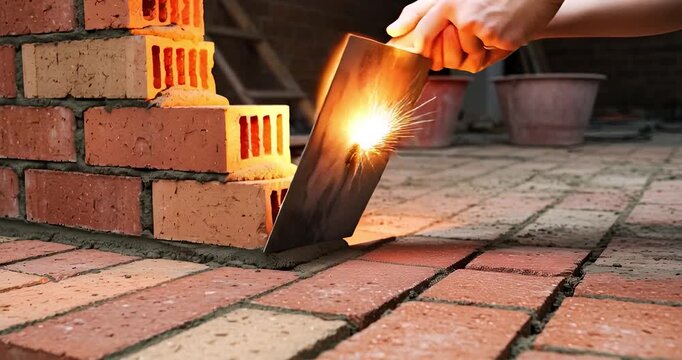 Construction worker laying brick row using a trowel close up