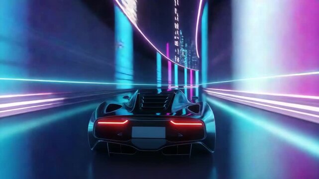 Retro 80s cyberpunk sports car racing fast on a neon track with wavy curves, glowing streaks and high‑speed motion at night
