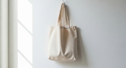 Beige cotton tote bag hanging on a white wall with natural light from a window isolated on white background