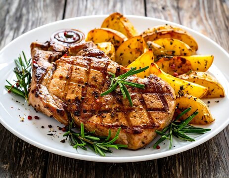 Grilled meat with roasted potatoes on a white plate, garnished with rosemary
