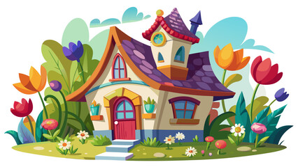 Fairy-tale French house with colorful tulip beds and gentle daisies, charming curved roof, cartoon vector style, fresh seasonal feeling, white background ideal for posters.