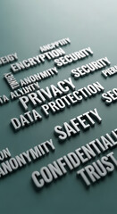 Silver 3D words on teal background form a word cloud emphasizing privacy, data protection, security, and trust, symbolizing digital safety and confidentiality