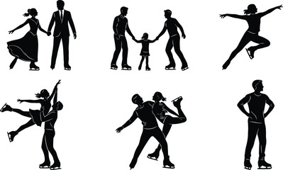 Black vector silhouettes of people dancing, playing sports, and in business poses illustrating the evolution of the human figure
