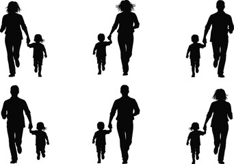 A group of black vector silhouettes of people and children walking in various action poses, suitable for fashion and business design illustration