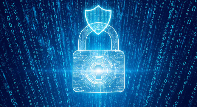 Digital Fortress Binary Code Stream Protecting Central Lock and Shield Absolute Cybersecurity High-Tech Padlock Guarded by a Protective Data Shield - Powered by Adobe