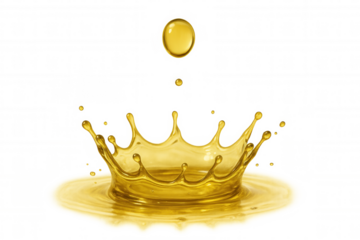 Golden oil drop splashing, creating liquid crown shape, fresh cooking oil or cosmetic serum on transparent background