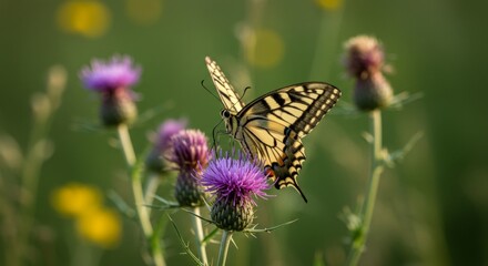 Obraz premium A beautiful monarch butterfly rests on a purple thistle flower in a vibrant field
