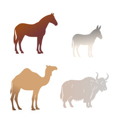 A set of four animal silhouettes on a white background. The images include a horse in a dark brown hue, a donkey in light gray