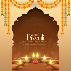 Obraz na płótnie Canvas Happy Diwali - Vibrant Festival of Lights Celebration Background Poster Design With Decorative Diya.Indian Hindu Light Festival. Holiday Background. Vector Illustration.